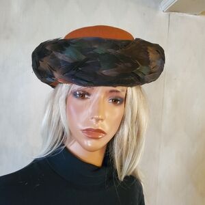 Vintage Adolfo II Brown Feather Covered Rust Orange Hat Church Wedding Event